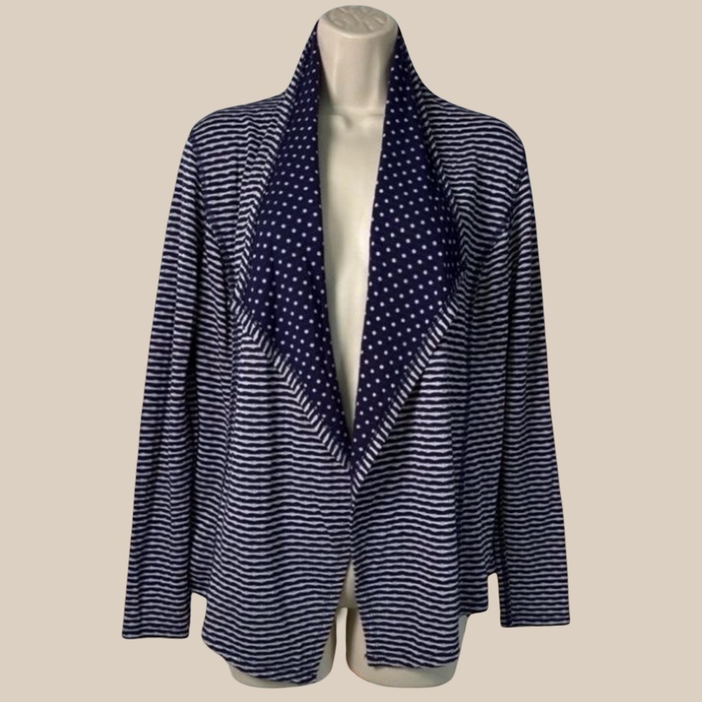 Market & Spruce Cardigan Navy Blue White Striped Polka Dot Shawl Collar SZ S